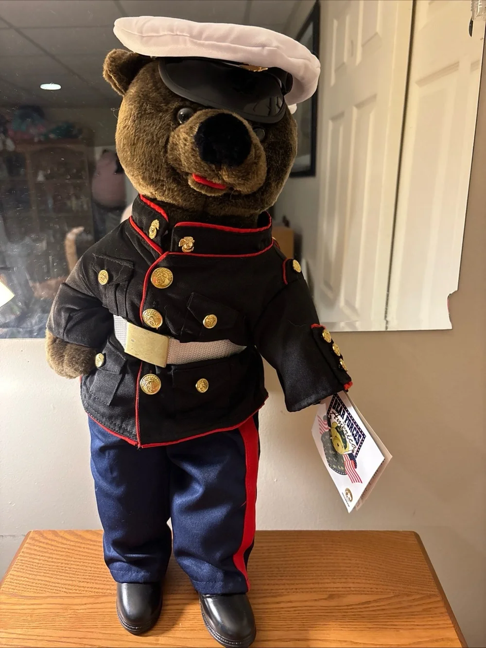 Plush Bear in Black Marine Jacket with Navy Pants and Red Trim
